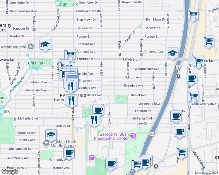 map of restaurants, bars, coffee shops, grocery stores, and more near 3110 Daniel Avenue in Dallas
