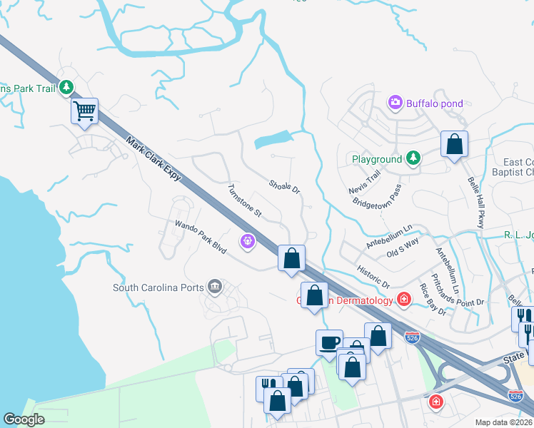 map of restaurants, bars, coffee shops, grocery stores, and more near 449 Turnstone Street in Mount Pleasant