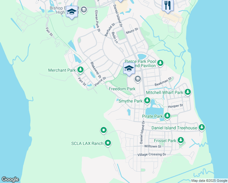 map of restaurants, bars, coffee shops, grocery stores, and more near 1225 Blakeway Street in Charleston