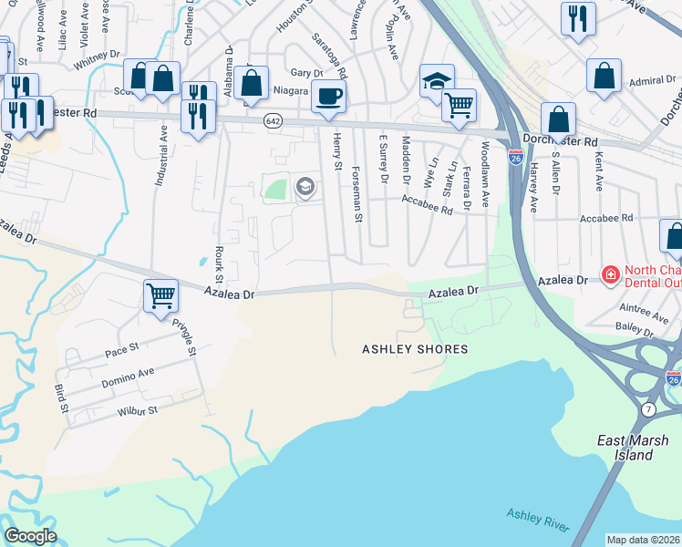 map of restaurants, bars, coffee shops, grocery stores, and more near 6 Azalea Drive in North Charleston