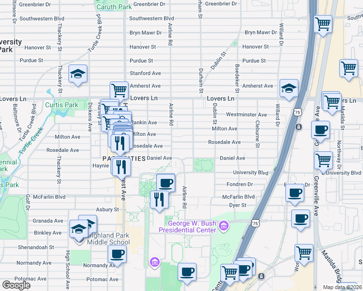 map of restaurants, bars, coffee shops, grocery stores, and more near 3110 Daniel Avenue in Dallas