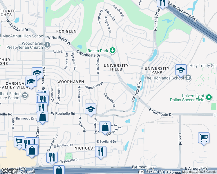 map of restaurants, bars, coffee shops, grocery stores, and more near 3213 Salinas Court in Irving
