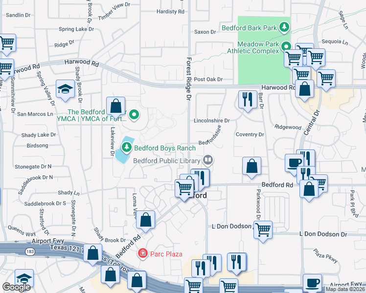 map of restaurants, bars, coffee shops, grocery stores, and more near 2517 Shady Ridge Drive in Bedford