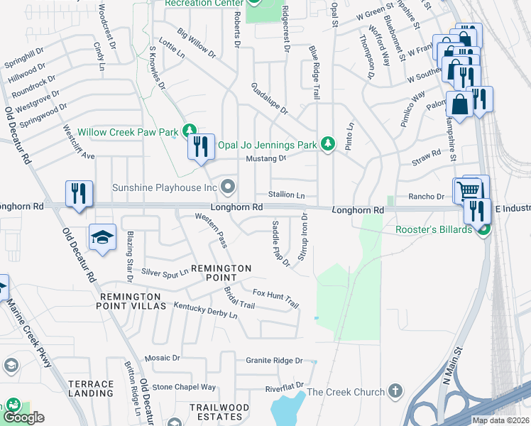map of restaurants, bars, coffee shops, grocery stores, and more near 624 Saddleway Drive in Fort Worth