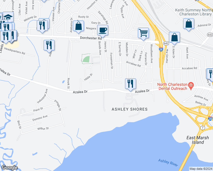 map of restaurants, bars, coffee shops, grocery stores, and more near 6 Azalea Drive in North Charleston
