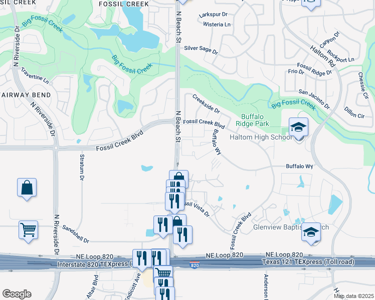 map of restaurants, bars, coffee shops, grocery stores, and more near 6002 Fossil Hill Apartment in Haltom City