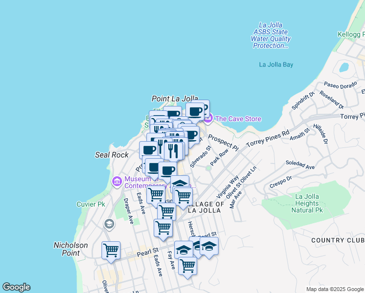 map of restaurants, bars, coffee shops, grocery stores, and more near 1030 Wall Street in San Diego