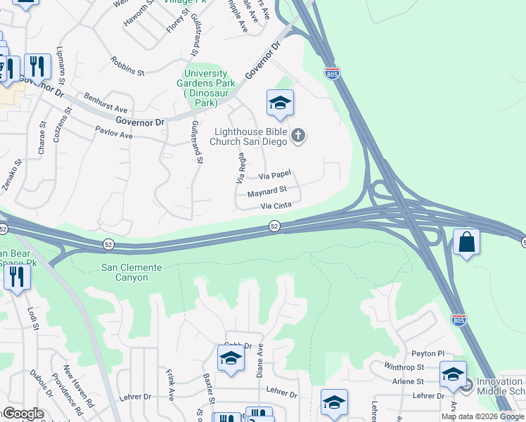 map of restaurants, bars, coffee shops, grocery stores, and more near 4973 Via Cinta in San Diego