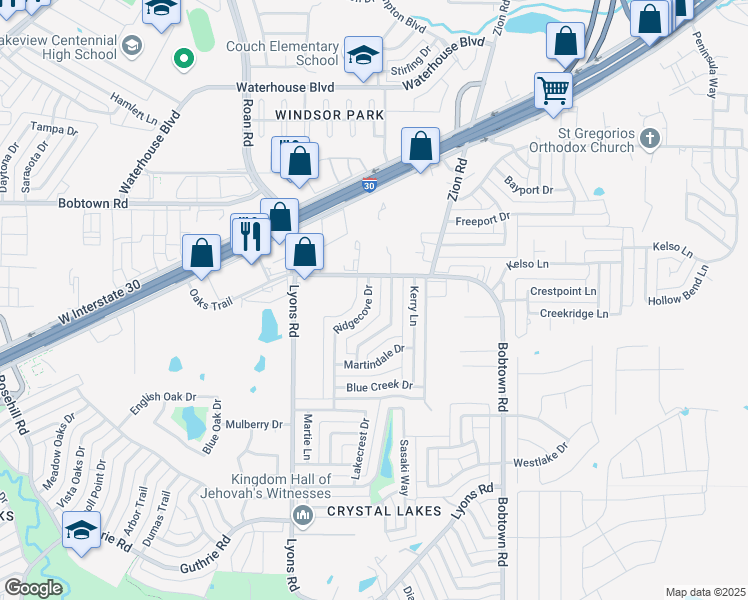 map of restaurants, bars, coffee shops, grocery stores, and more near 5518 Ridgecove Drive in Garland