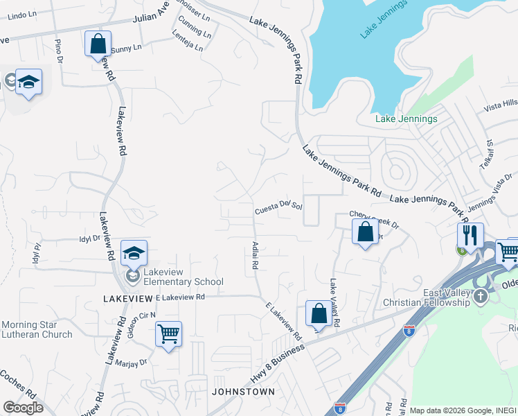 map of restaurants, bars, coffee shops, grocery stores, and more near 13610 Cuesta Del Sol in Lakeside