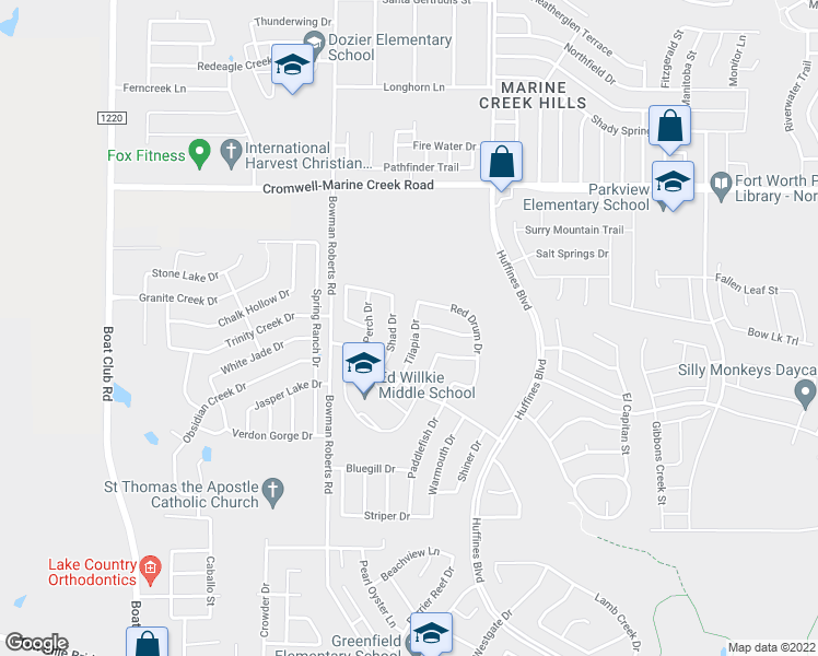 map of restaurants, bars, coffee shops, grocery stores, and more near 6145 Tilapia Drive in Fort Worth