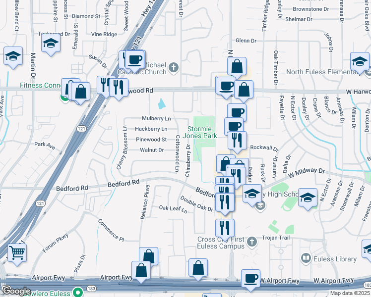 map of restaurants, bars, coffee shops, grocery stores, and more near 2417 Chinaberry Drive in Bedford