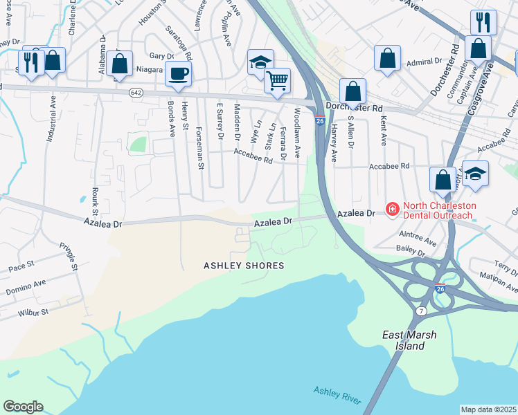 map of restaurants, bars, coffee shops, grocery stores, and more near 3773 State Road S-10-894 in North Charleston