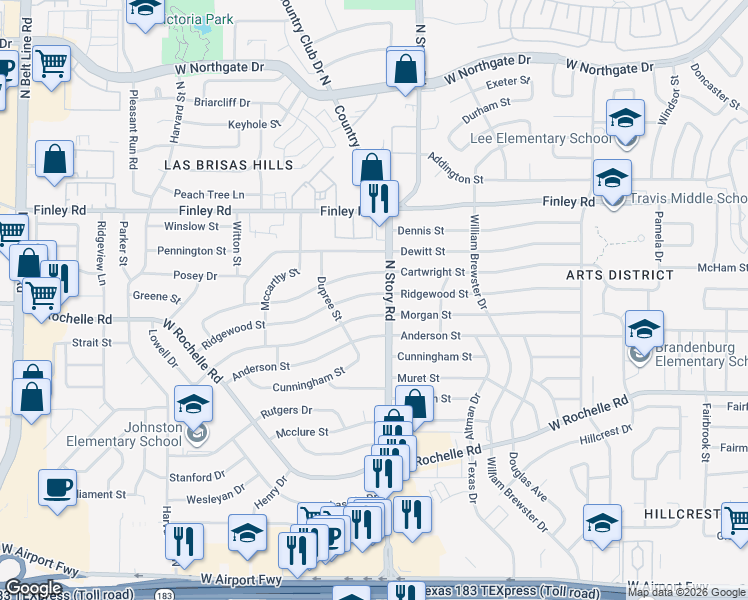 map of restaurants, bars, coffee shops, grocery stores, and more near 2402 Morgan Street in Irving