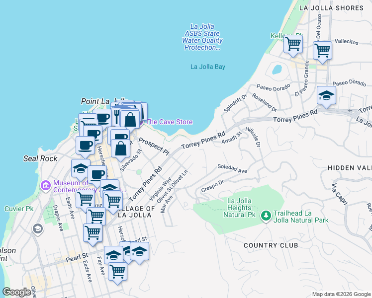 map of restaurants, bars, coffee shops, grocery stores, and more near 1555 Torrey Pines Road in San Diego