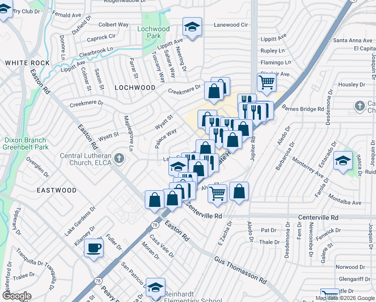 map of restaurants, bars, coffee shops, grocery stores, and more near 10905 Lochmond Circle in Dallas