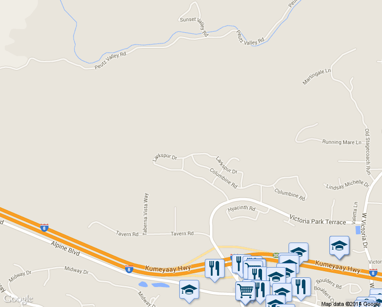 map of restaurants, bars, coffee shops, grocery stores, and more near 2338 Larkspur Drive in Alpine