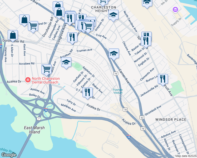 map of restaurants, bars, coffee shops, grocery stores, and more near 2902 Appleton Avenue in North Charleston