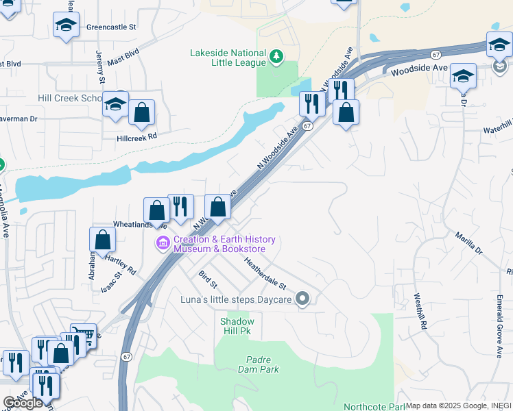 map of restaurants, bars, coffee shops, grocery stores, and more near 11249 Via Madonna in Santee