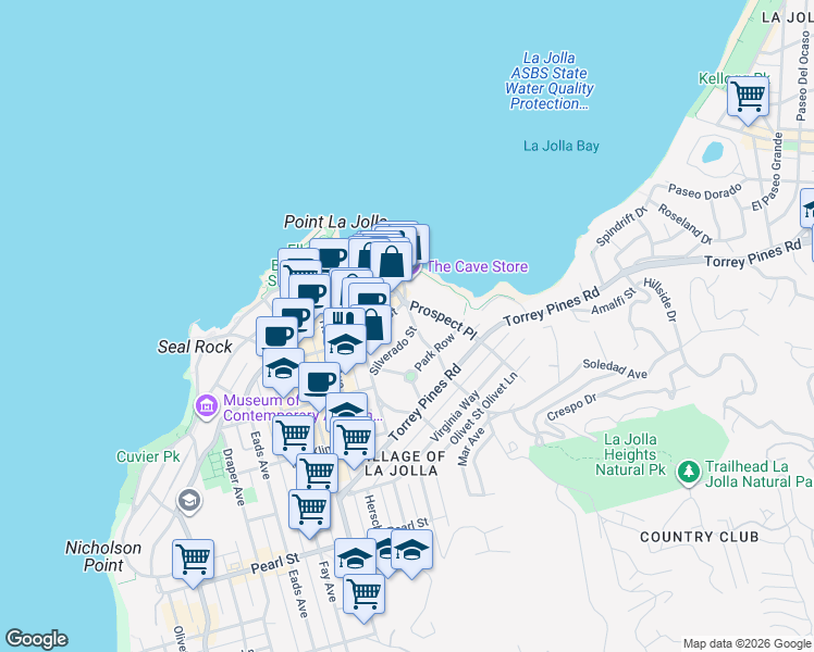 map of restaurants, bars, coffee shops, grocery stores, and more near 1263 Silverado Street in San Diego