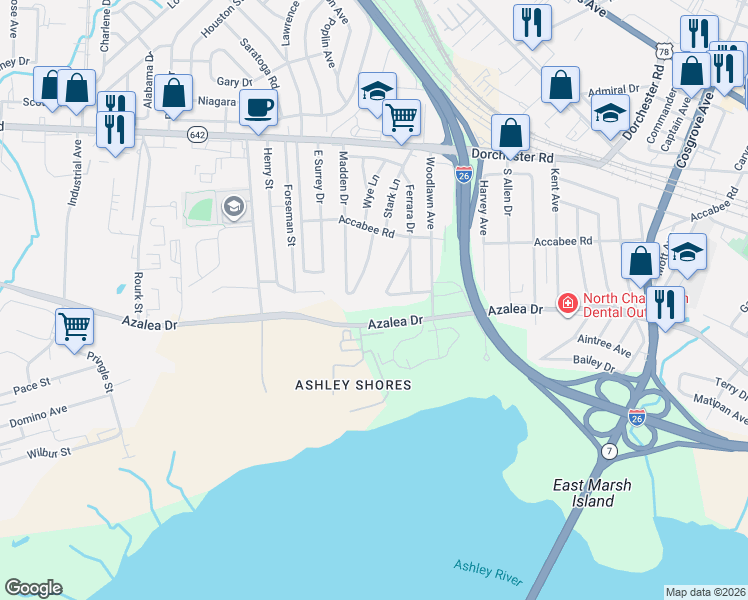 map of restaurants, bars, coffee shops, grocery stores, and more near 3773 State Road S-10-894 in North Charleston