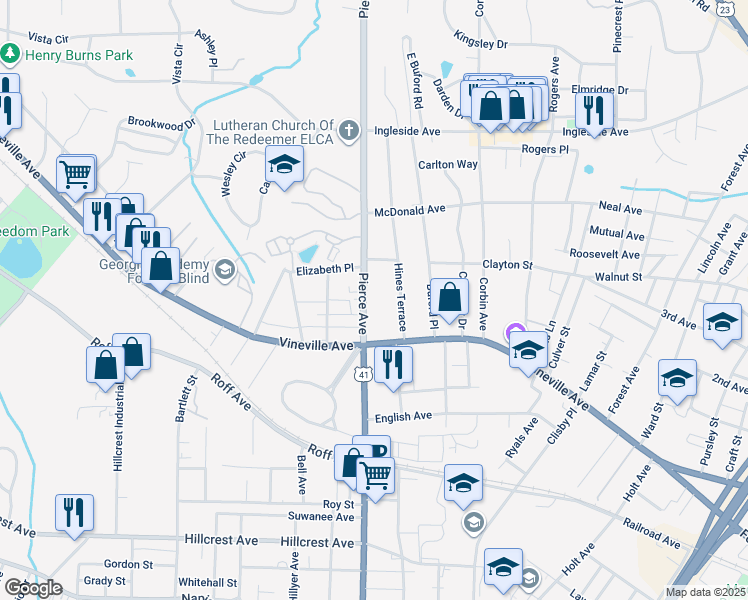 map of restaurants, bars, coffee shops, grocery stores, and more near 116 Pierce Avenue in Macon