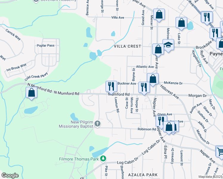 map of restaurants, bars, coffee shops, grocery stores, and more near 4218 Mumford Road in Macon