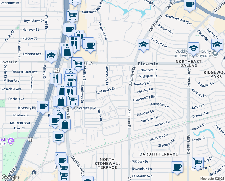 map of restaurants, bars, coffee shops, grocery stores, and more near 6015 East University Boulevard in Dallas