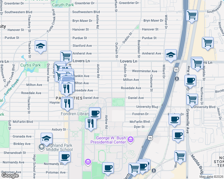map of restaurants, bars, coffee shops, grocery stores, and more near 3110 Daniel Avenue in Dallas