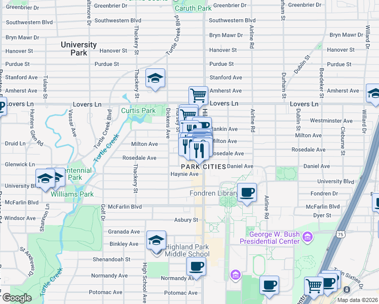 map of restaurants, bars, coffee shops, grocery stores, and more near 6608 Snider Plaza in Dallas