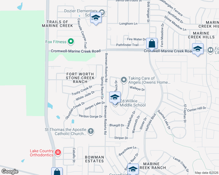 map of restaurants, bars, coffee shops, grocery stores, and more near 6180 Texas Shiner Drive in Fort Worth