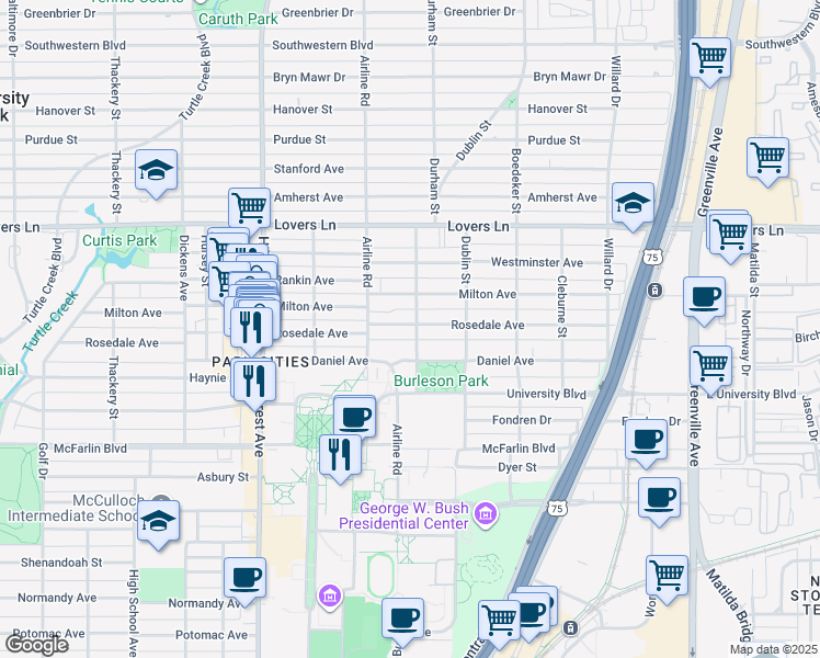 map of restaurants, bars, coffee shops, grocery stores, and more near 3117 Rosedale Avenue in Dallas