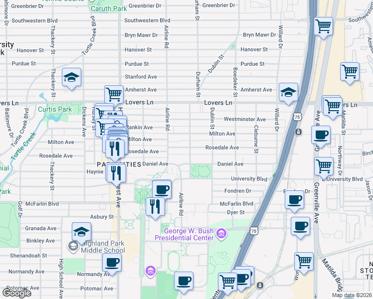 map of restaurants, bars, coffee shops, grocery stores, and more near 3117 Rosedale Avenue in Dallas