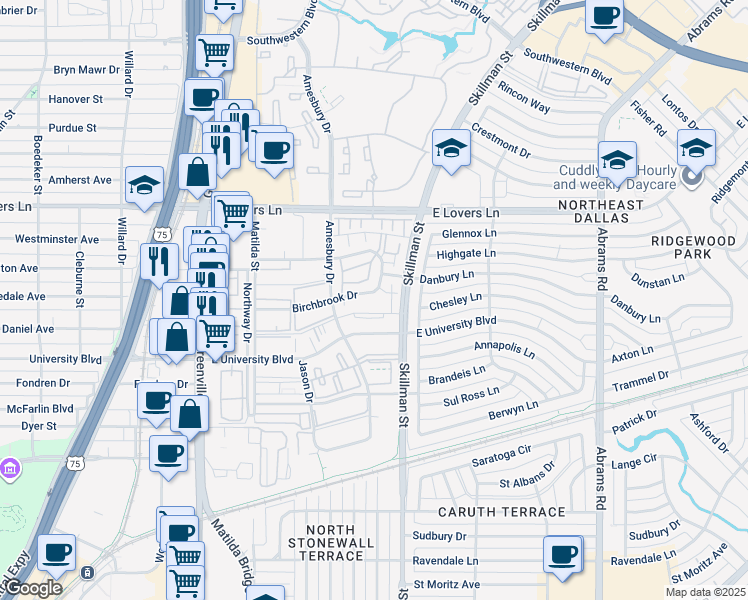 map of restaurants, bars, coffee shops, grocery stores, and more near 6040 Birchbrook Drive in Dallas