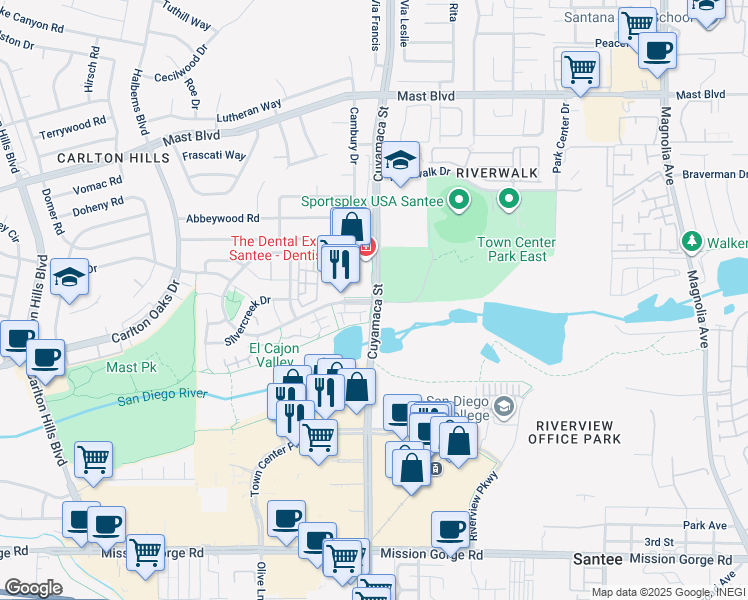 map of restaurants, bars, coffee shops, grocery stores, and more near Cuyamaca Street & River Park Drive in Santee