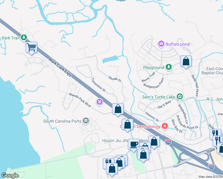 map of restaurants, bars, coffee shops, grocery stores, and more near 449 Turnstone Street in Mount Pleasant