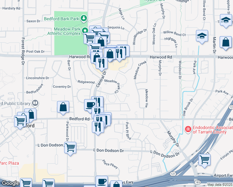 map of restaurants, bars, coffee shops, grocery stores, and more near in Bedford