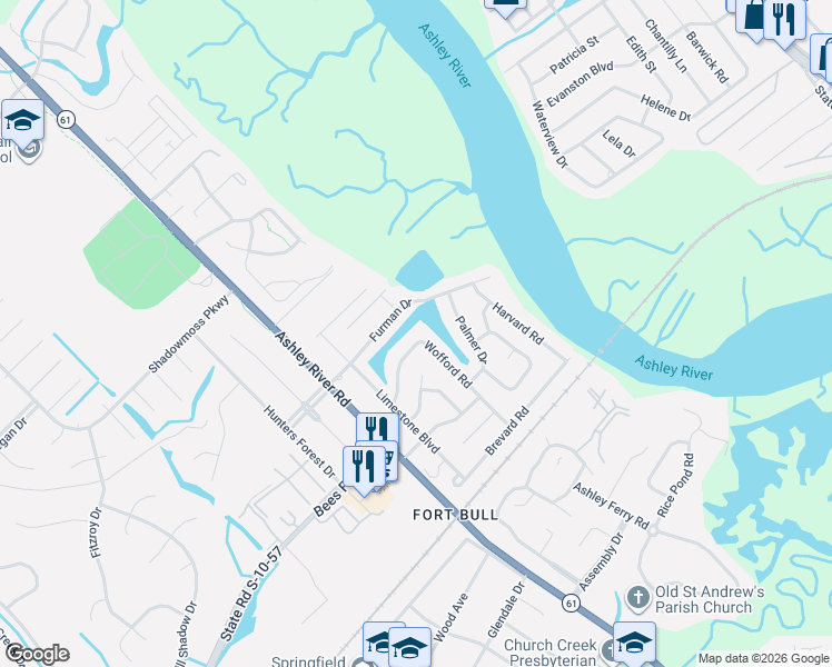 map of restaurants, bars, coffee shops, grocery stores, and more near 2336 Wofford Road in Charleston