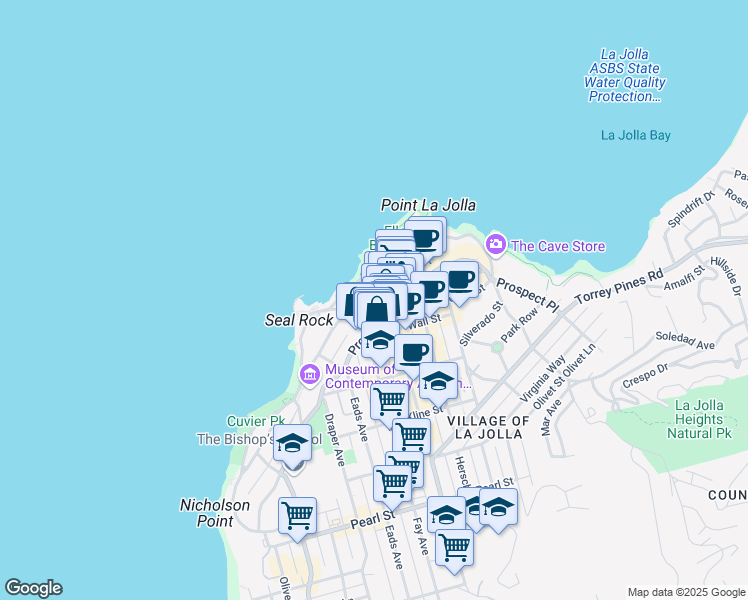 map of restaurants, bars, coffee shops, grocery stores, and more near 947 Coast Boulevard in San Diego