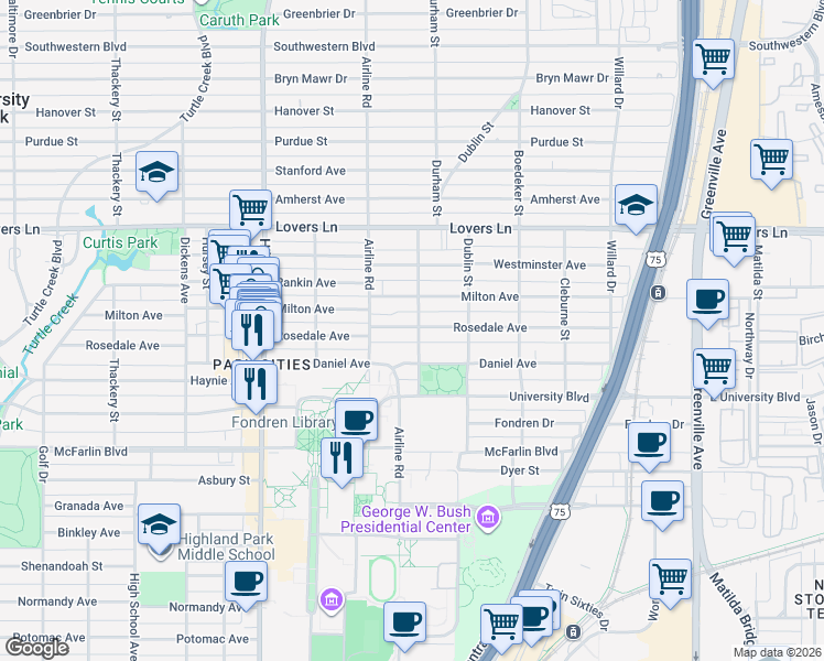 map of restaurants, bars, coffee shops, grocery stores, and more near 3110 Daniel Avenue in Dallas