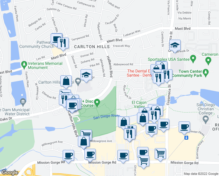 map of restaurants, bars, coffee shops, grocery stores, and more near 9445 Carlton Oaks Drive in Santee