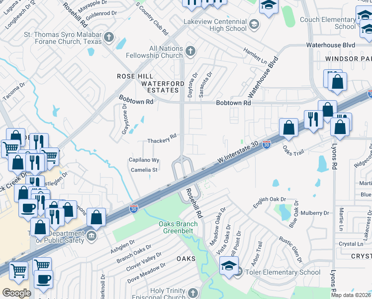 map of restaurants, bars, coffee shops, grocery stores, and more near 5600 Rosehill Road in Garland