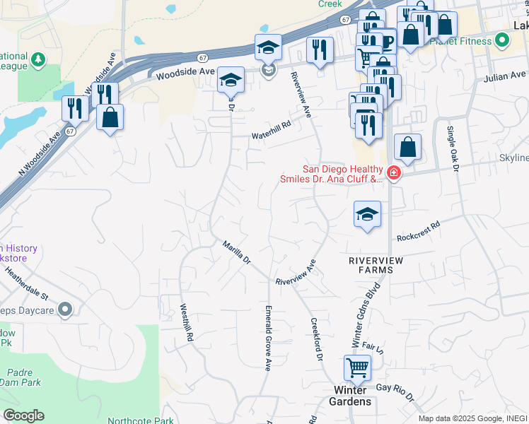 map of restaurants, bars, coffee shops, grocery stores, and more near 9420 Emerald Grove Avenue in Lakeside