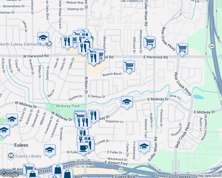 map of restaurants, bars, coffee shops, grocery stores, and more near 814 Rock Creek Drive in Euless