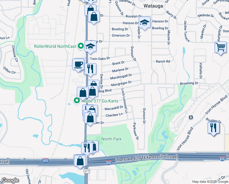 map of restaurants, bars, coffee shops, grocery stores, and more near 5636 Macgregor Drive in Haltom City
