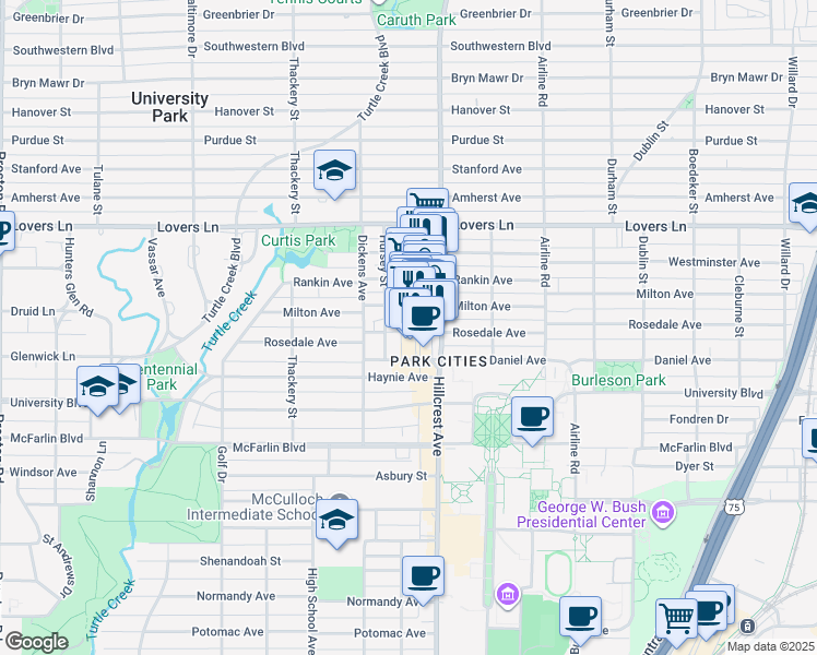 map of restaurants, bars, coffee shops, grocery stores, and more near 6800 Milton Avenue in Dallas