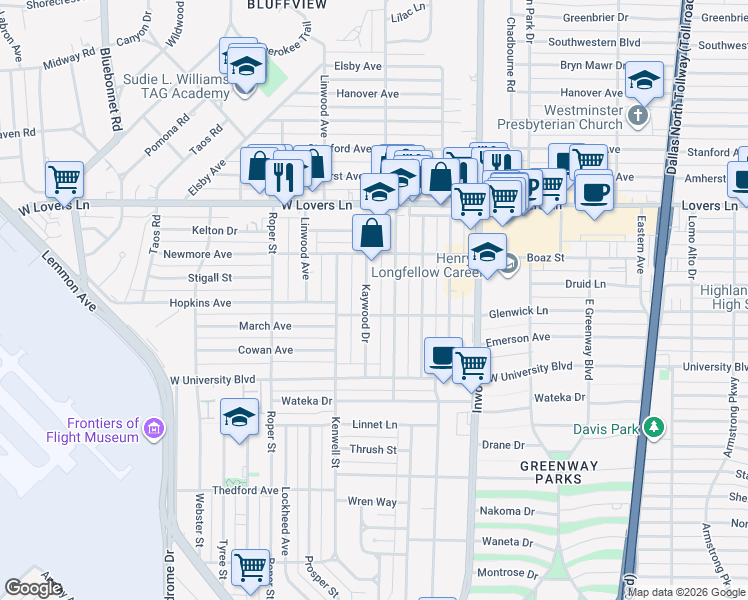 map of restaurants, bars, coffee shops, grocery stores, and more near 7514 Kaywood Drive in Dallas