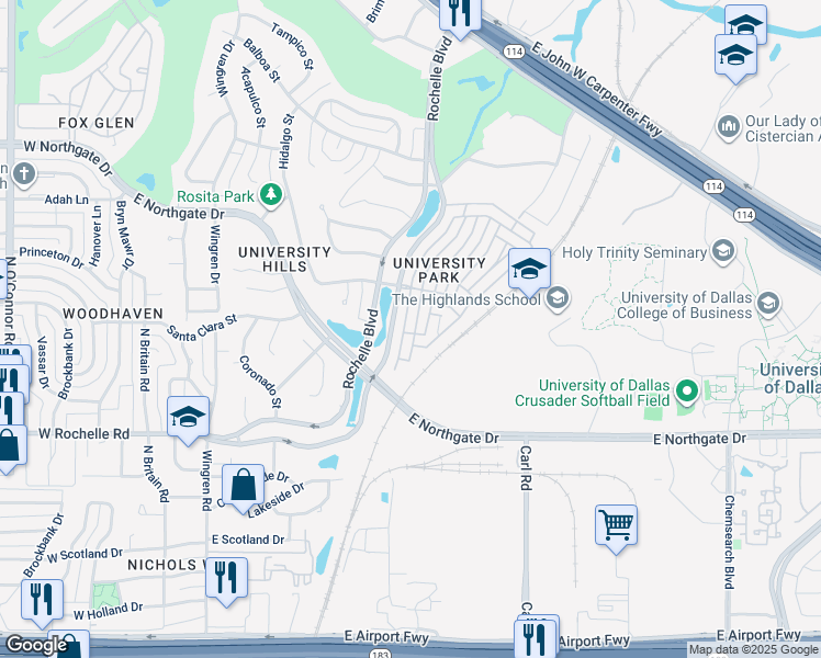 map of restaurants, bars, coffee shops, grocery stores, and more near 3214 University Park Lane in Irving