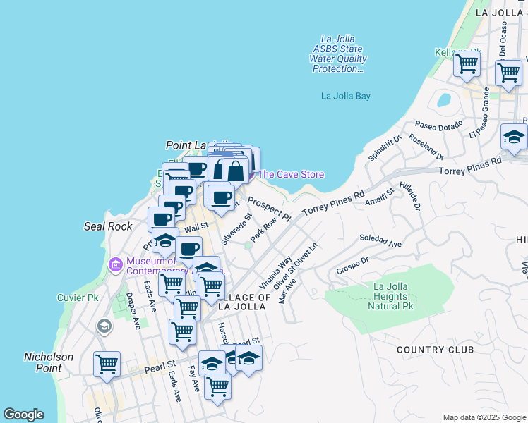 map of restaurants, bars, coffee shops, grocery stores, and more near 7934 Prospect Place in San Diego