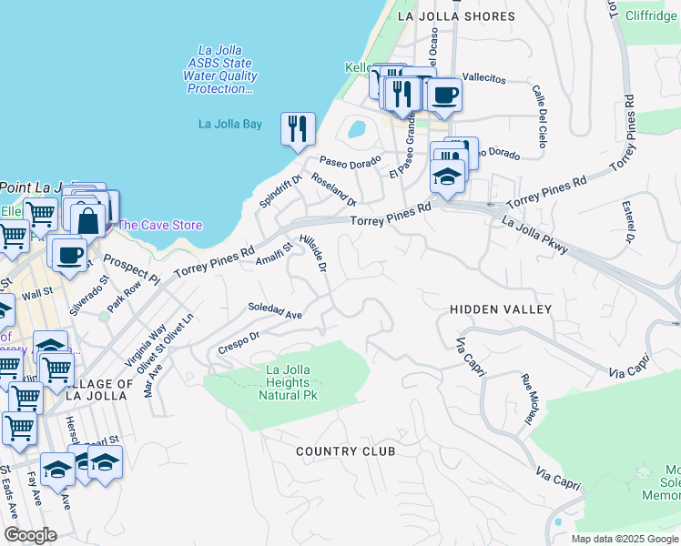 map of restaurants, bars, coffee shops, grocery stores, and more near 7716 Lookout Drive in San Diego